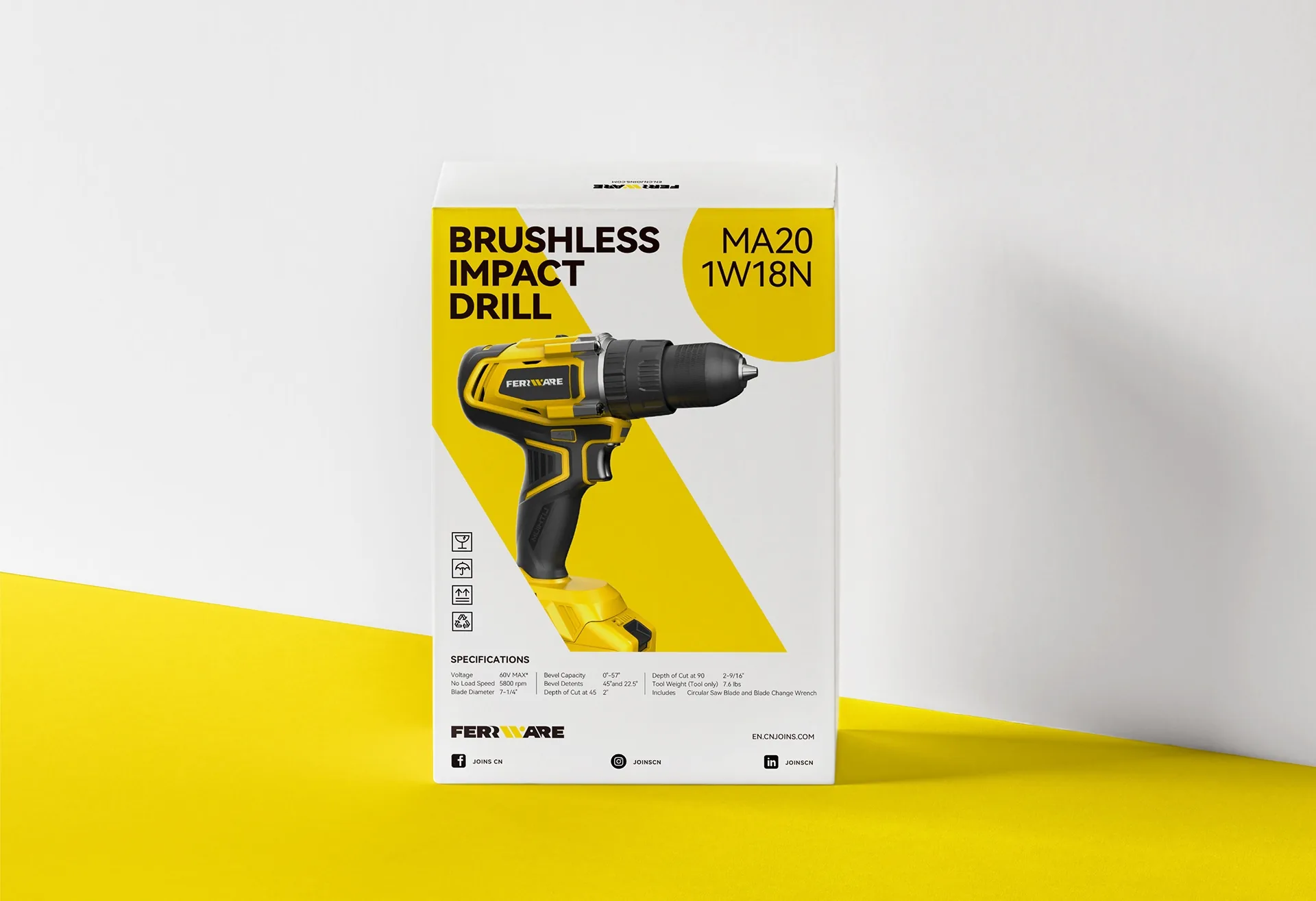 正面写着“BRUSHLESS IMPACT DRILL”的电钻包装盒,设计效果图