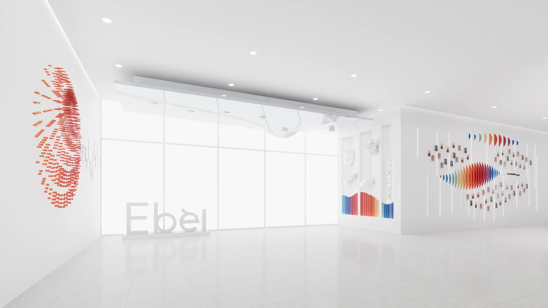文化墙全景:左侧口红管 logo 墙和地上的品牌英文立体字,右侧彩色员工墙,中间白色墙面与吊顶,设计效果图
