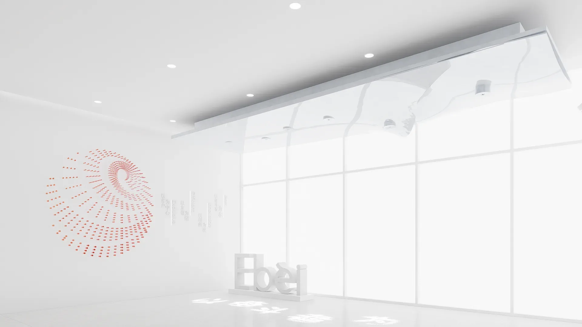 亮调下的口红管 logo 墙与品牌英文立体字、吊顶装置,设计效果图